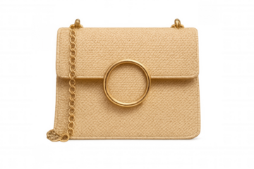 Beige leather handbag with gold chain strap and ring, fashion accessory, luxury style, elegant women’s purse