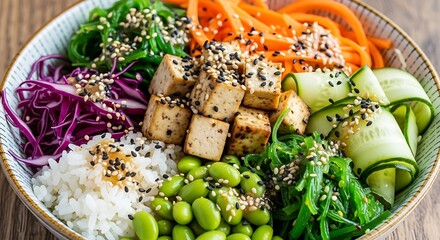 Healthy Vegan Poke Bowl with Tofu and Vegetables.