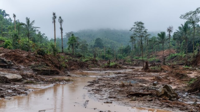Muddy stream winding through deforested hills under an overcast sky, nature disrupted