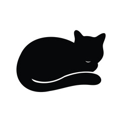 Black and white graphic illustration of a cat sleeping in a curl