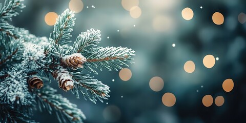 Close-up of a snowy spruce branch with cones, covered with frost, on a blurred gray-blue background with warm golden bokeh lights and snowflakes. Christmas, winter, and festive concept
