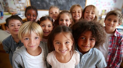Fototapeta premium Smiling diverse group of elementary children gathered together in a classroom setting