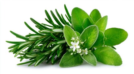 Obraz premium Fresh green herbs, including rosemary and sage, are artfully arranged against a clean white background for culinary use.