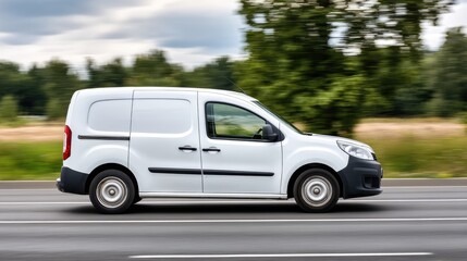 Fototapeta premium A large delivery van speeds along a city street, flanked by sleek glass buildings and lined with trees, showcasing urban life
