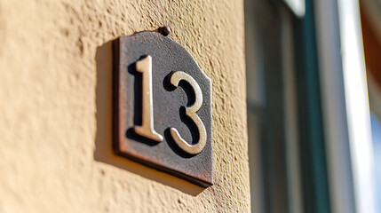 House number thirteen on a wall: a bronze plaque with embossed gold numbers marks a building's address in clear contrast to the textured surface.