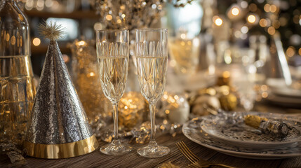 An elegant New Year's Eve party setting with a beautifully decorated table featuring sparkling champagne glasses, party hats, and glittering decorations. The ambiance is festive and inviting, ready fo