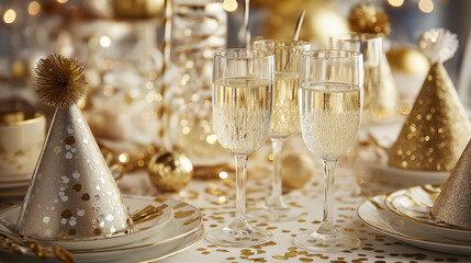 An elegant New Year's Eve party setting with a beautifully decorated table featuring sparkling champagne glasses, party hats, and glittering decorations. The ambiance is festive and inviting, ready fo