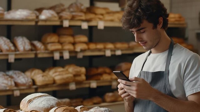 A person in a bakery looking at their cell phone, possibly reading news or checking messages