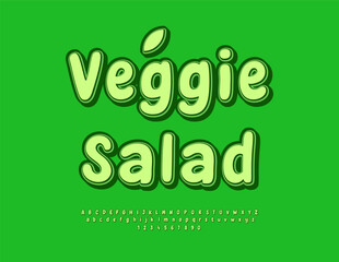 Vector Healthy sticker Veggie Salad. Artistic Green Font. Unique Rounded Alphabet Letters and Numbers set.