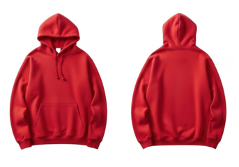 Front and back view of a bright red hooded sweatshirt with drawstrings perfect for casual wear isolated on transparent background