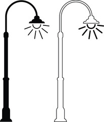 Two distinct street lamp silhouettes one solid black and one outlined against a white background