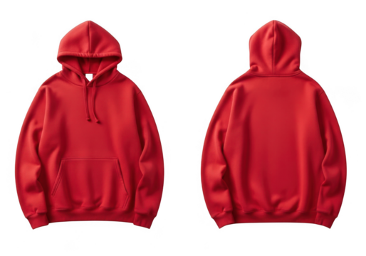 Front and back view of a bright red hooded sweatshirt with drawstrings perfect for casual wear isolated on transparent background