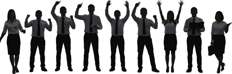 Silhouette business team celebrating success and achievement together, professional people raising hands, teamwork motivation concept vector illustration for corporate design