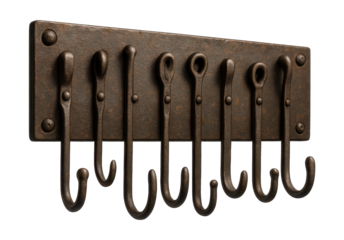 Distressed iron hook panel for organizing gardening tools in a rustic shed.