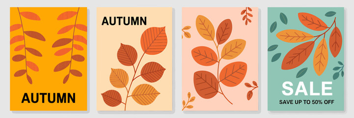 Autumn themed vector posters with colorful leaves for fall season promotion and nature inspired design and sale announcements