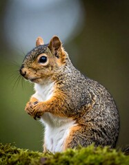 Fototapeta premium A portrait of a fluffy squirrel on a mossy branch