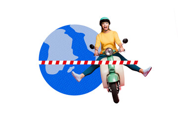 Fototapeta premium Creative picture collage young emotional woman ride scooter bike planet earth continents ocean map travel around world drawing background