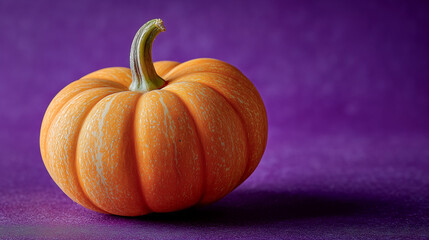 This pumpkin rests on a rich purple backdrop, a warm glow highlighting its textured rind and plump form.