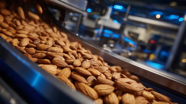 Experience the artistic fusion of industry and nature with almonds on a precision-lit vibrating sorting platform.