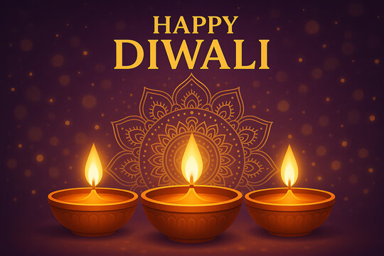 Happy diwali festival greeting with glowing oil lamps and golden mandala pattern on purple background illustration - Powered by Adobe