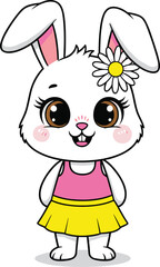 Cute cartoon bunny with flower on head, wearing pink top and yellow skirt, adorable rabbit illustration for kids and design projects