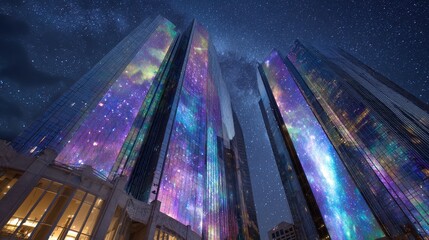 Skyscraper laser advertising casts dynamic colorful promotions across towering glass facades under a starry night sky showcasing futuristic brand outreach.