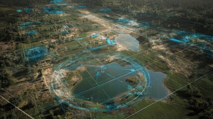 Medium shot focusing on advanced AI tools overlaying satellite and drone data to create detailed precision maps for environmental monitoring