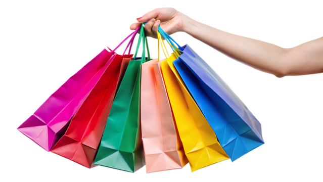 hand holding several colorful shopping bags  isolated on white background  PNG,AI GENERATED