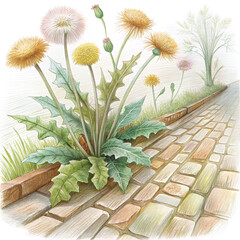 Obraz premium Dandelions growing through sidewalk cracks in a serene urban environment Concept of Ecology 