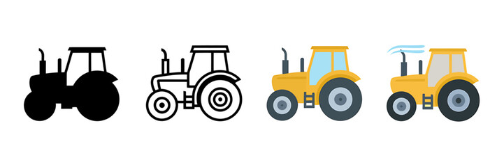 Fototapeta premium Vector Set of Tractors in Various Styles Farm Equipment Icons Agriculture Machinery Illustrations Black Outline and Colorful Designs