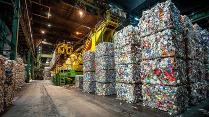 Medium shot of a baling machine compressing colorful plastic recyclables into dense bales for efficient recycling and transportation