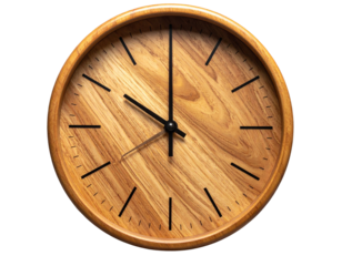 Round Wooden Wall Clock with Black Hands and Minimalist Design, Isolated on Transparent Background
