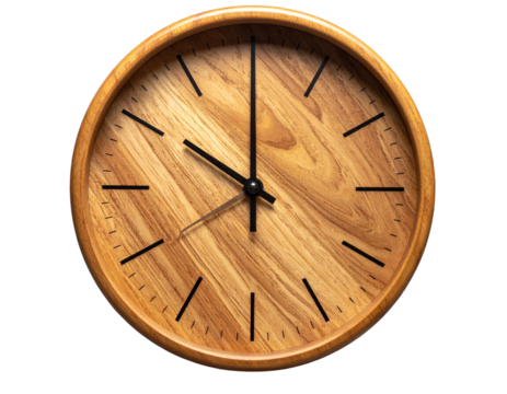 Round Wooden Wall Clock with Black Hands and Minimalist Design, Isolated on Transparent Background