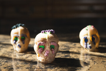 Sugar skulls candies decorated for day of the dead celebration