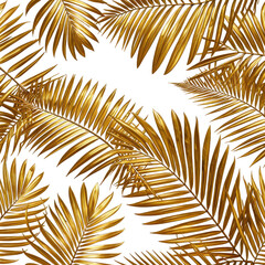 Obraz premium Golden palm leaves against a black background, lush and tropical