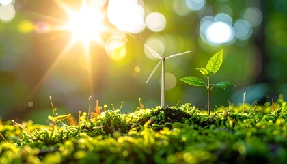 Tiny wind turbine beside sprouting plants in mossy earth, bathed in sunlight