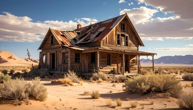 An abandoned wooden house stands weathered and decaying in a vast desert landscape under a dramatic sky.