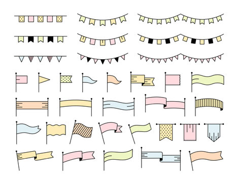 Doodle flags and ribbons. Simple banner garland decoration, birthday party and carnival bunting. Vintage line color pennant, title and label cute design. Vector isolated set