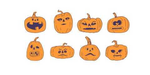 hand drawn Halloween pumpkins with funny and spooky carved faces, cartoon vector illustration