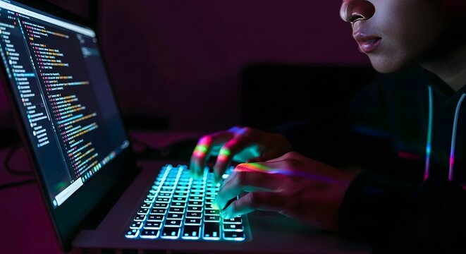 Person typing on a glowing keyboard with colorful code on laptop screen. Moody dark purple ambiance. Glows of blue, green, pink. Coding concept. AI Generated