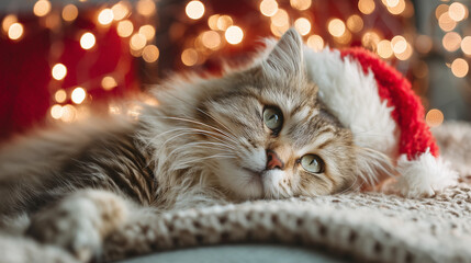 A fluffy cat wearing a bright red Santa hat, lounging on a festive blanket surrounded by twinkling Christmas lights. The cat's curious eyes and playful demeanor make this a delightful holiday snapsho