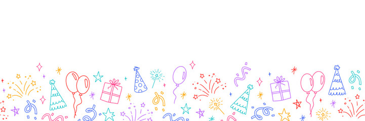Party seamless border. Happy birthday, New Year and Merry Christmas pattern with doodle line firework, confetti and balloon, gift box. Vector color holiday banner