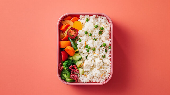 A perfectly organized bento box filled with a colorful and balanced meal, featuring white rice topped with black sesame seeds, vibrant bell peppers, broccoli florets, and protein, all presented on a p