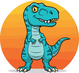 Cute cartoon dinosaur illustration, smiling blue T-Rex character with orange sunset background, fun prehistoric animal drawing for kids and education