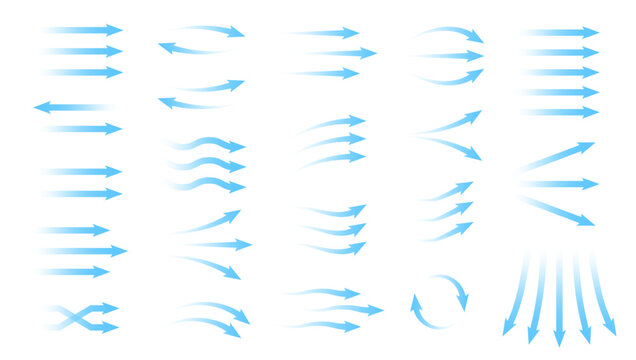 Air flow arrows. Blue cold wind stream, fresh water direction, filter and conditioner system infographic transparent movement and rotation elements. Vector arrow icons set