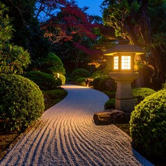 Tranquil evening garden path with illuminated lantern