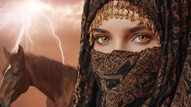 Woman with patterned veil, jeweled headpiece, warm amber eyes, horse & lightning