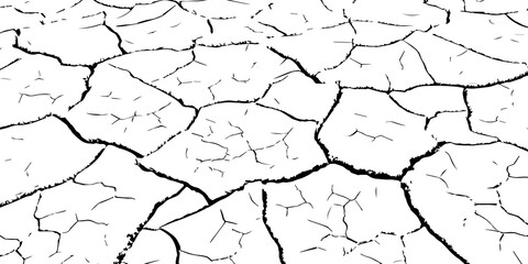 Black and white cracked dry earth texture background. Abstract drought land surface showing parched soil pattern, symbolizing climate change, desertification, heatwave, and environmental crisis.