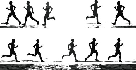 Silhouette vector illustration of running man motion sequence showing jogging, sprinting, athletic exercise, workout, sports training, fitness, and health concept