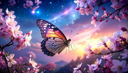 A butterfly soars amidst a profusion of cherry blossoms at dawn, against a backdrop of a starry night sky.  Mystical and vibrant colors surround the scene